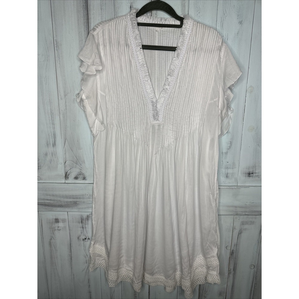 POUPETTE ST BARTH SASHA MINI DRESS WHITE SZ LARGE FRINGE PLEATED FLUTTER SLEEVE